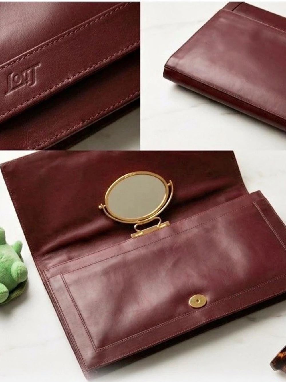 Vintage Lou Taylor Leather Mahogany Envelope Clutch with Hinged Cosmetic Mirror